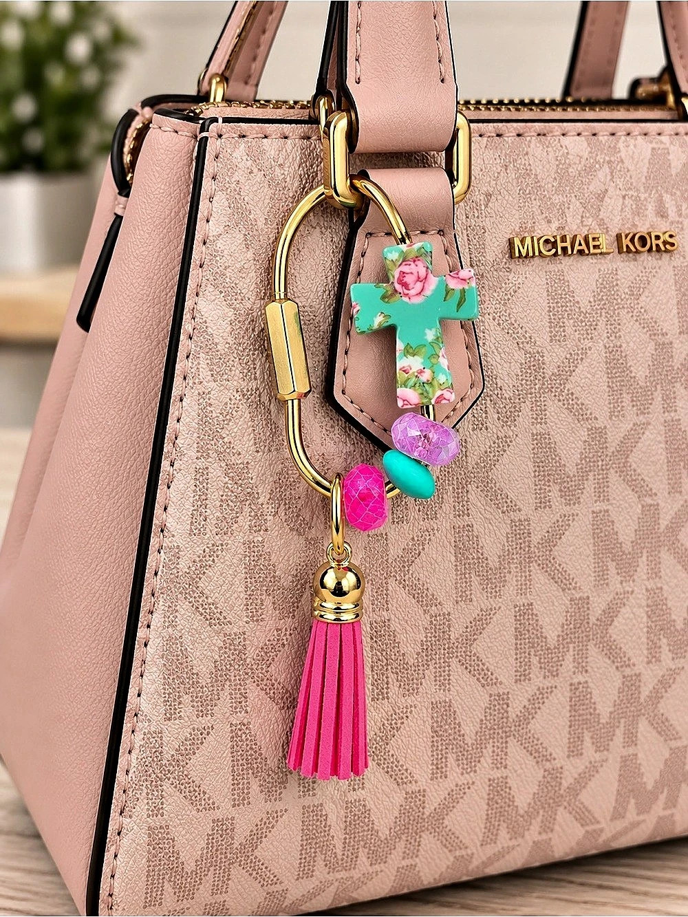 Floral Cross Teal and Pink Gold Purse Charm